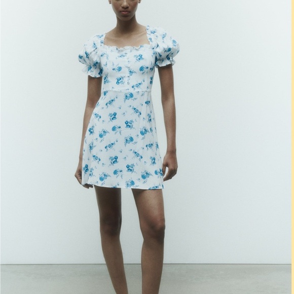 Zara Short Floral Print Dress Blue and White size S - Picture 2 of 8
